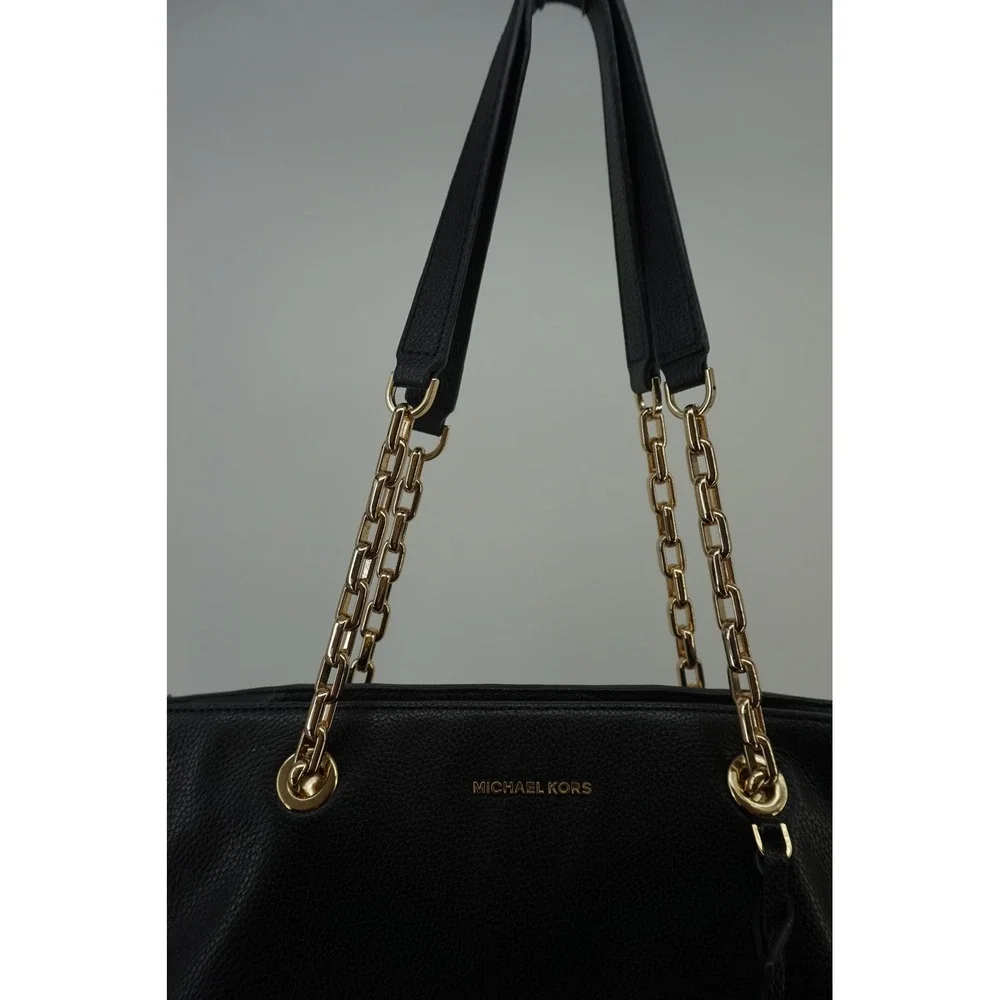Michael Kors Tote Bag Pebbled Leather Gold Chain Old Money Padlock Black Large